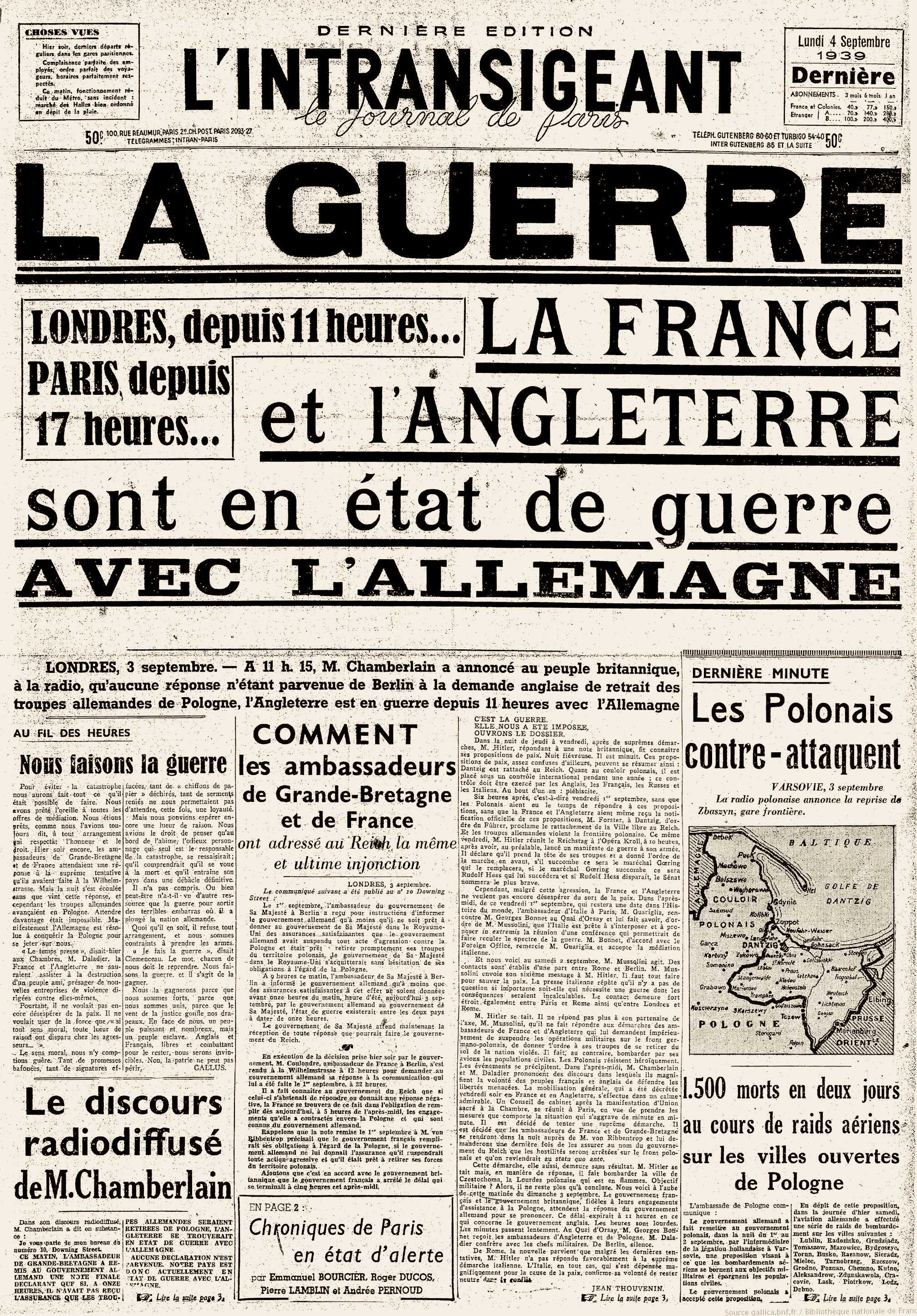 La France et l'Angleterre déclarent la guerre à l'Allemagne